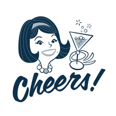 Vintage style clip art - Mid-century woman holding a glass of champagne and cheering up - Vector EPS10