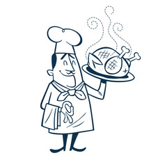 Vintage Style Clip Art - Chef presenting his big roasted chicken on a large plate - Vector EPS10.