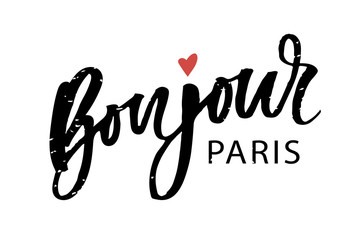 Bonjour Paris Phrase Vector Lettering Calligraphy Brush Black © 1emonkey