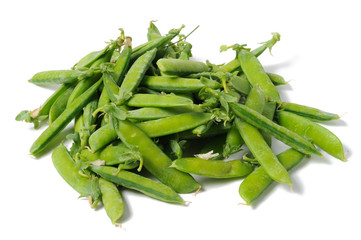 Green peas in pods on a white background. Front view.