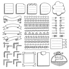 Bullet journal hand drawn vector elements for notebook, diary and planner. Doodle banners isolated on white background. Notes, list, frames, dividers, corners, ribbons.