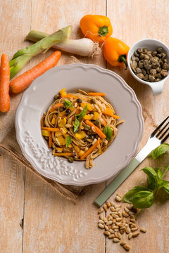 tagliatelle with capsicum capers pinenuts an carrots
