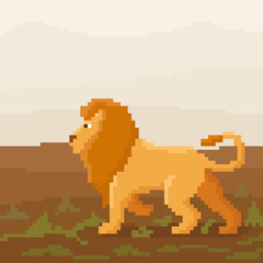 Cute pixel lion is walking on a savanna. 