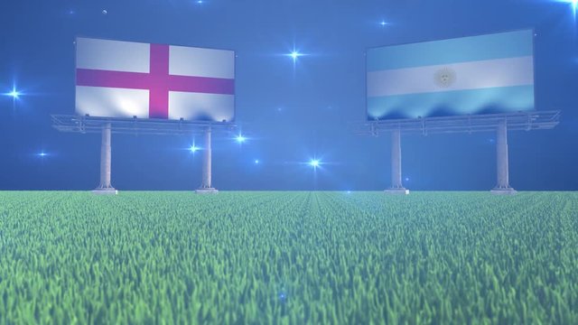 3d animated soccer ball bouncing in front of billboards with the flags of England and Argentina with flickering lights in the background in 4K resolution
