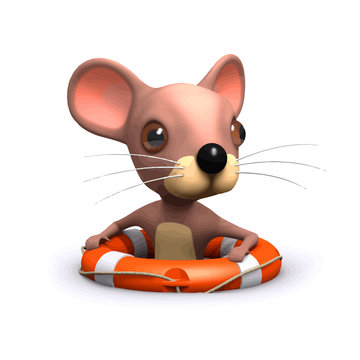 Vector 3d Funny cartoon mouse floating in the sea with a life preserver
