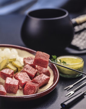 Meat Fondue Lean beef cube sliced for mouthful fondue experience
