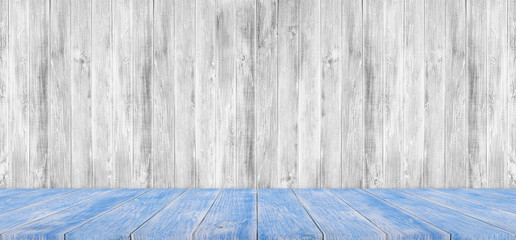 Empty wooden table with wood white wall background. For display or montage your products
