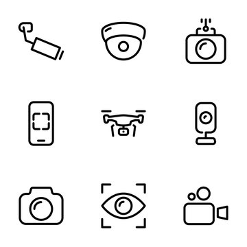 Set of black vector icons, isolated on white background, on theme CCTV Camera