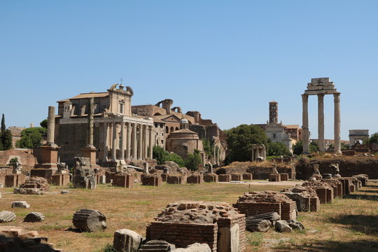 Forum Romanum the Dioscuri temple and Temple of Antoninus Pius and Faustina in Rome Italy 