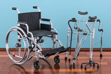 Wheelchair, walking frame and crutches on the wooden floor in the room, 3D rendering