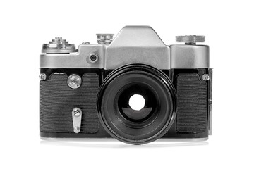 Retro old silver film photo camera isolated on white background