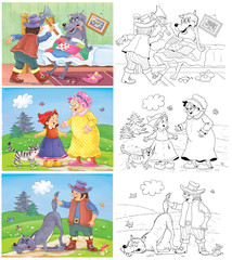Little Red Riding Hood and others. Fairy tale. Coloring book. Coloring page. Cute and funny cartoon characters
