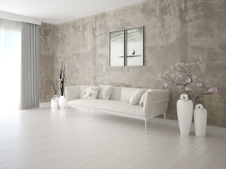 Mock up a stylish living room with a light comfortable sofa and a hipster background.