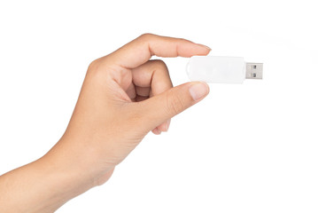 hand holding A white of USB flash memory isolated on a white background.