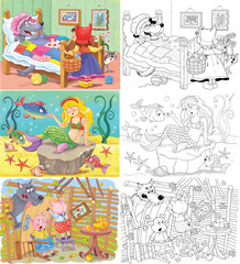 Little Red Riding Hood and others. Fairy tale. Coloring book. Coloring page. Cute and funny cartoon characters