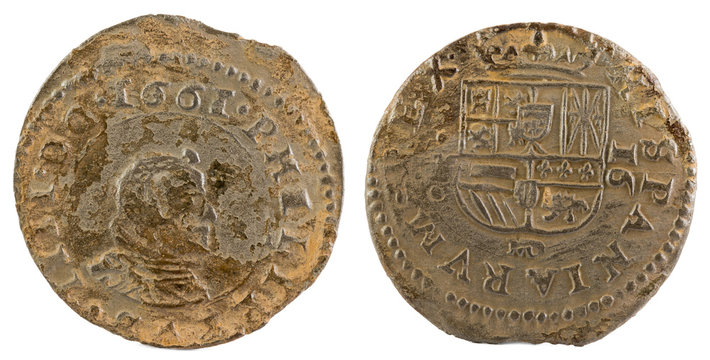 Ancient Spanish copper coin of King Felipe IV. 1661. !6 Maravedis.