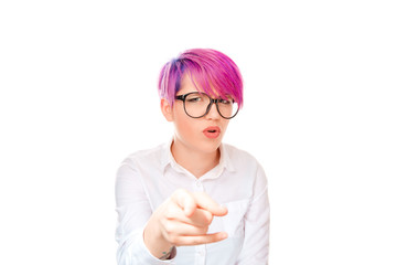 Woman pointing at camera in accusation