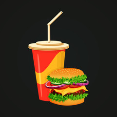Meat burger and drink icon.
