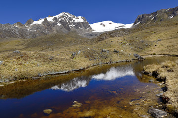 Fototapeta na wymiar Beautiful lake view in front of the snowy Verdish in the Huaytapallana mountain range.