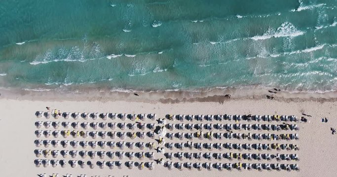 Aerial - Umbrellas on the beach. Top down view of waves hitting sandy shore