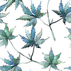 Green cannabis leaves in a watercolor style. Seamless background pattern. Fabric wallpaper print texture. Aquarelle leaf for background, texture, wrapper pattern, frame or border.