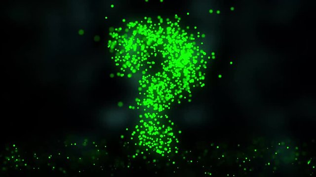 Created by light alphabet over black background. Animation of flying flickering particles form a question mark