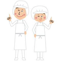 給食職員or食品工場の男女が指差し