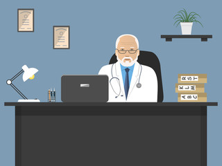 Doctor's workplace. An elderly male doctor in a white robe is sitting at the table. There is a laptop, a lamp, diplomas, patient cards and a flower in the picture. Vector illustration