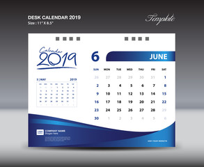 JUNE Desk Calendar 2019 Template, Week starts Sunday, Stationery design, flyer design vector, printing media creative idea design, blue background