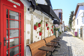 Fototapeta na wymiar Red door with flowers with red vases on street of Alacati, Cesme, Turkey