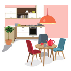 kitchen dining room  illustration. Interior design home scene.modern house, chair, table, oven, lamp, plant.coffee cup. Danish mid century.cute  and happy.