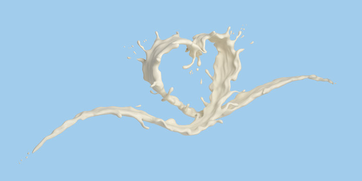 Wave splash of milk cream in form of heart shape isolated on background, concept for love or valentine. 3D illustration.