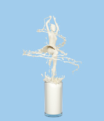 Liquid splash of white milk cream in woman or girl dancing ballerina form, isolated on background, design concept, 3d rendering illustration.