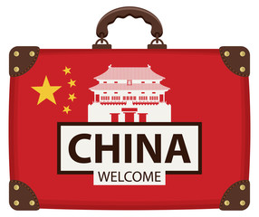 Vector travel banner with suitcase in colors of Chinese flag with the Famous Forbidden city in Beijing, China. The inscription China welcome