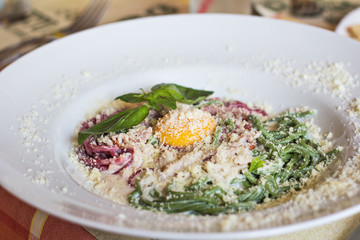 Pasta Carbonara in a white plate on the table