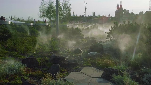 View of functioning sprinkler irrigation system in Zaryadye Park