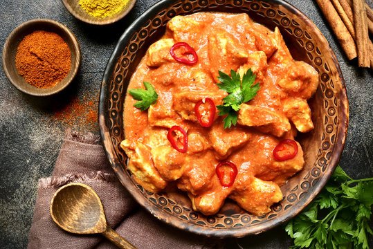 Chicken tikka masala - traditional dish of indian cuisine.Top view.