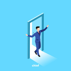 a man in a business suit confidently emerges from an open door, an isometric image