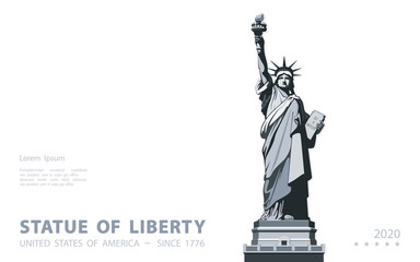 Statue of Liberty. USA, poster. 2020. Creative Black and White Linear Picture. Symbol of America. Illustration white background. Use presentations,corporate reports, text, emblems,labels,logo, vector