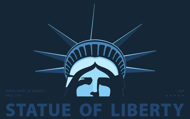 Portrait. Statue of Liberty USA, poster. 2018. Blue Linear Image. New York. National Symbol of America. Illustration, dark background. Use presentations,corporate reports, emblems,labels, logo,vector © VASYL