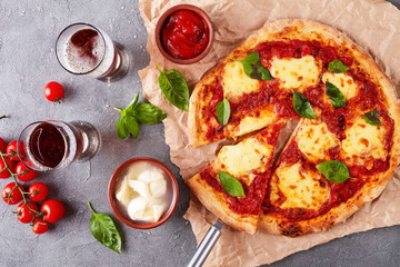classic italian Pizza Margherita with beer