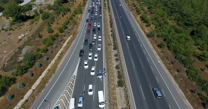 Aerial view of the traffic jam on highway because of accident