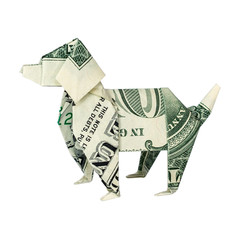 Money Origami DOG Folded with Real One Dollar Bill Isolated on White Background