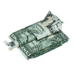 Money Origami TANK Folded with Real One Dollar Bill Isolated on White Background