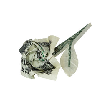 Money Origami ROSE Flower Folded With Real One Dollar Bill Isolated On White Background