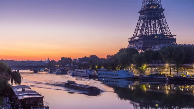 Eiffel Tower and the Seine river night to day timelapse, Paris, France