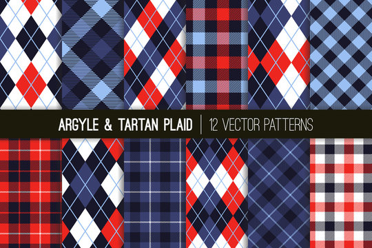 Indigo, Blue and Red Argyle and Tartan Plaid Vector Patterns. Preppy Golf Style Prints in Patriotic Red, White and Blue. 4th of July or Father's Day Backgrounds. Repeating Tile Swatches Included.