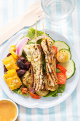 Mediterranean halloumi salad. Marinated chargrilled halloumi, cucumber, cherry tomatoes, roast peppers, olives with honey & mustard dressing
