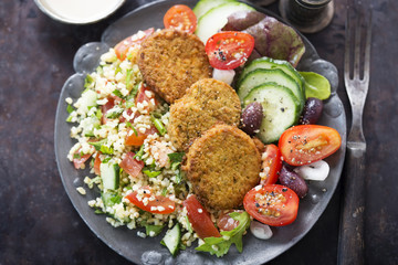 Lebanese sweet potato felafel salad with tabbouleh & tahini dressing 