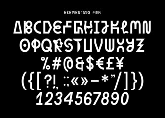 Monospaced fancy weird sans serif playful font, uppercase letters, symbols, numerals and punctuation, display typeface with two styles for posters, prints, invitations, identity design, children books